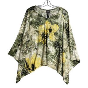 Chicos Travelers Collecton Floral Print Kimono Cape Top Womens L XL Green Yellow